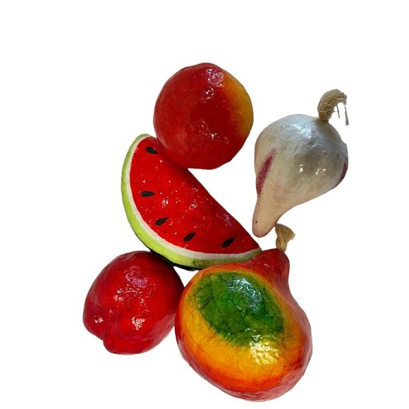 Vintage Vegetables Fruit Paper Mache Red Folk Art 5 Pieces  Colorful Bright - Picture 1 of 8